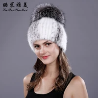pompoms mink fur hats beanies for women russian warm casual caps female hat 2017 fox fur beanie real mink fur winter hat knitted