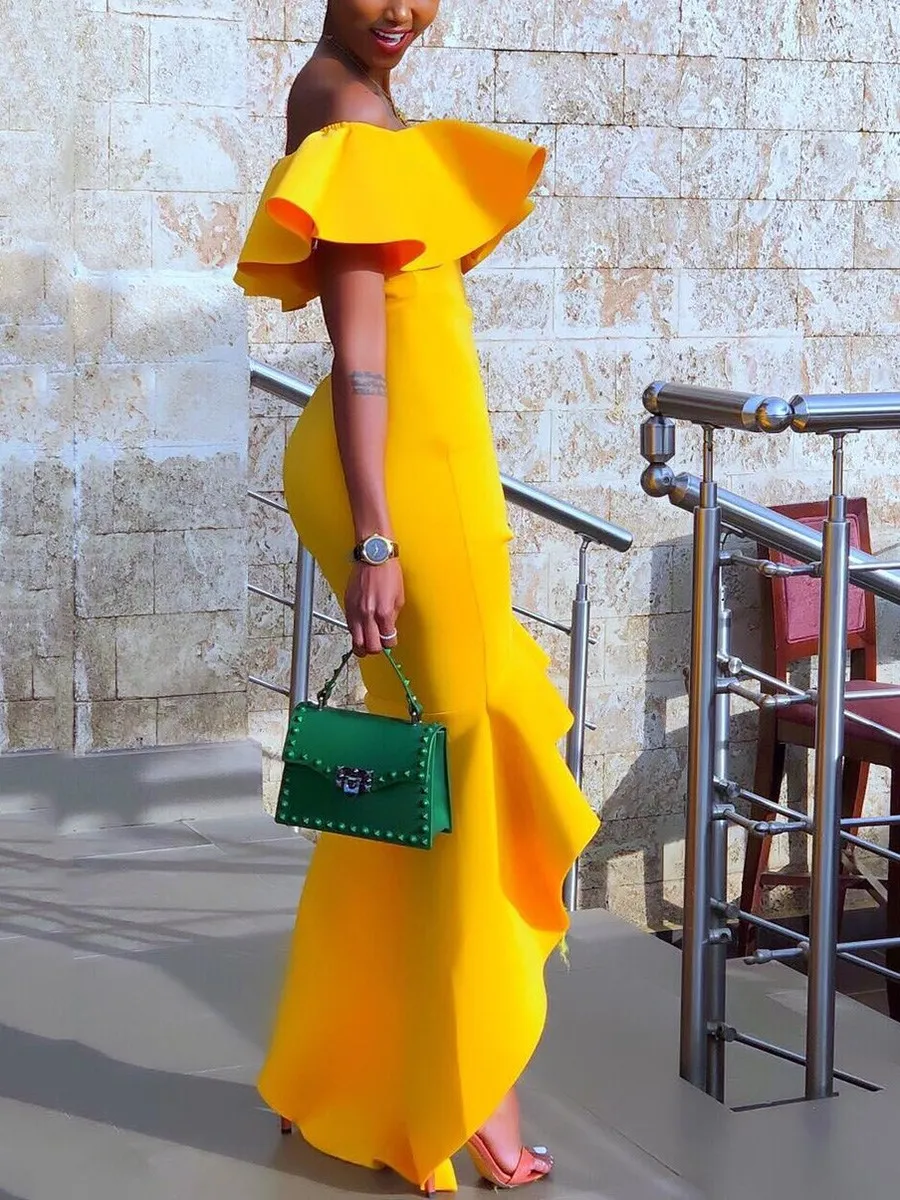 Сексуальное элегантное вечернее платье Макси женское пляжное желтое с оборками