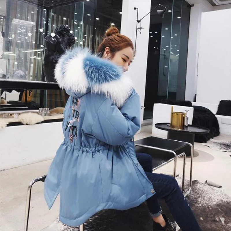 Женский пуховик с большим капюшоном парка на белом утином пуху натуральным мехом