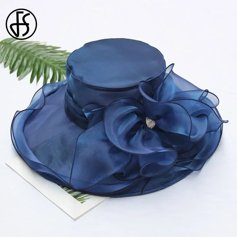 Navy Blue Fedora Hat FS розовая фетровая шляпа для женщин, Органическая шляпа Кентукки Дерби, складная шляпа с широкими полями, широкополая белая пляжная шляпа, женская летняя шляпа от солнца - Цвет: Navy Blue Fedora Hat