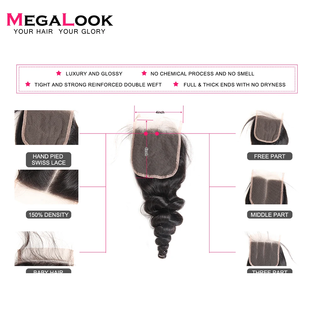 Megalook 10-22 дюймов бразильские свободная волна Кружева Закрытие 100% человеческих