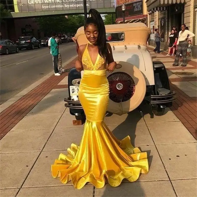 

African Deep V Neck Mermaid Yellow Prom Dresses Long Appliqued Halter Black Girls Sexy Prom Dress Special Party Gown