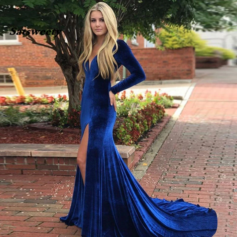 Long Sleeves Velvet Mermaid Prom Dresses V Neck High Split Royal Blue Open Back Sexy Women Elegant Evening Party Gowns | Свадьбы и