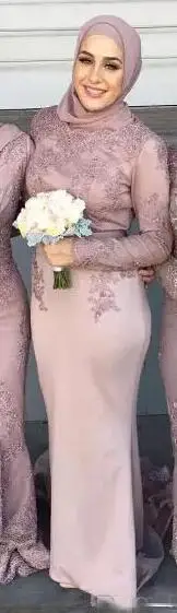 as pic Новые мусульманские Арабская Высокая шея с длинным рукавом нарядные платья длинное, до лодыжки аппликация кружева Бледно-розовый Для женщин торжественное платье - Цвет: as pic