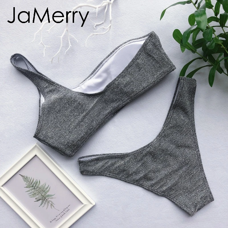 Бикини на одно плечо 2019 Новый Блестящий Купальник бандо женский пуш ап купальник