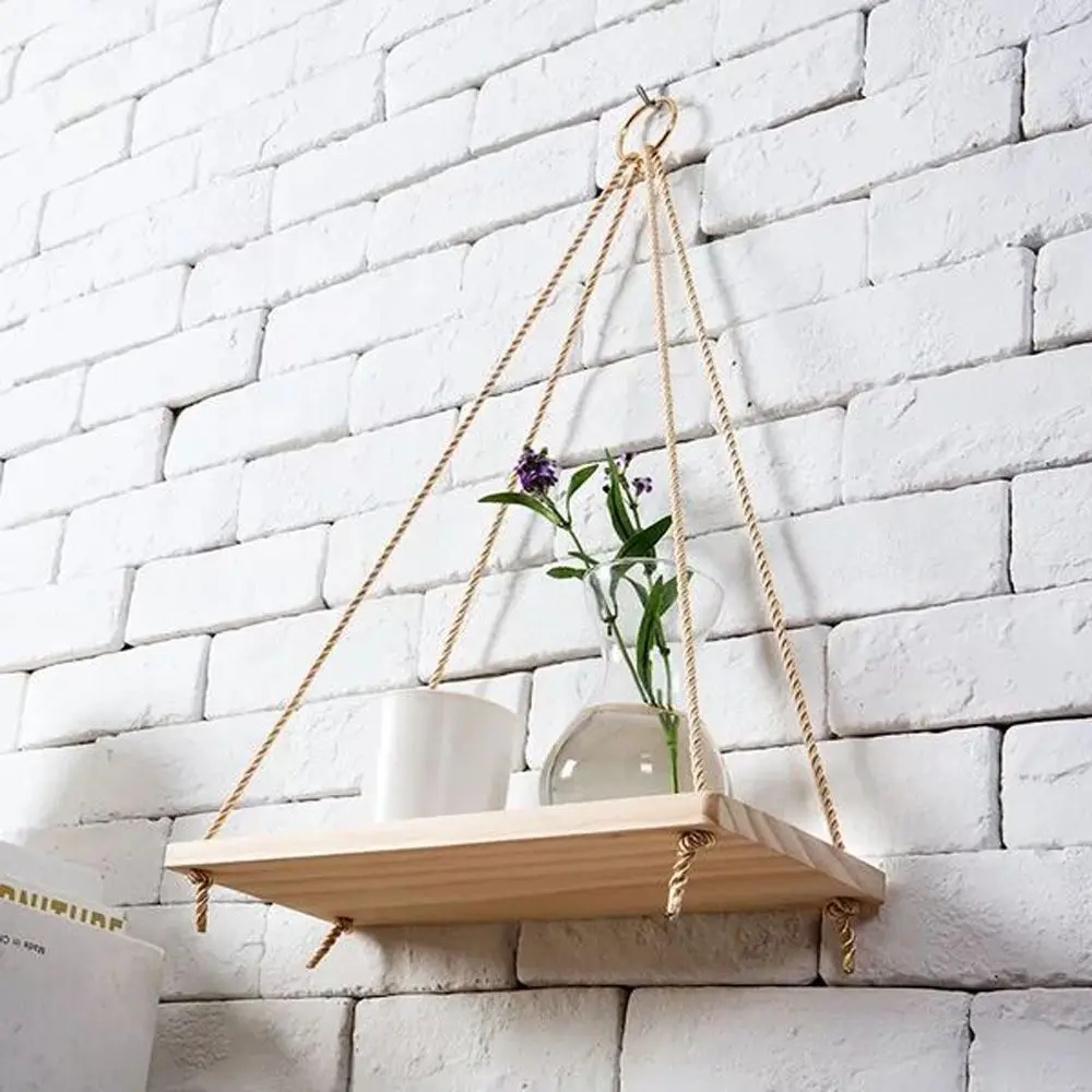 Rustic Hanging Rope Wooden Storage Shelves Holder Floating Shelf Rack Kitchen Bathroom Organizer Shelves|Подставки для хранения