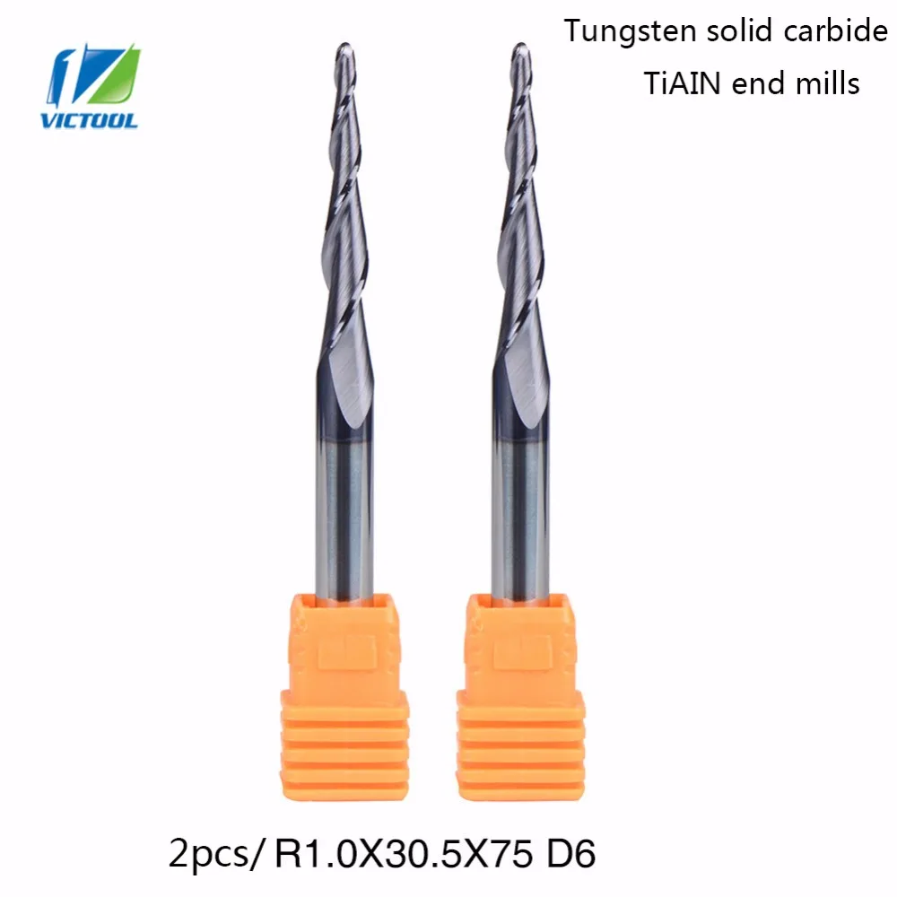 

2 шт./партия, конусные концевые фрезы R1.0 * D6 * 30,5 * 75L * 2F