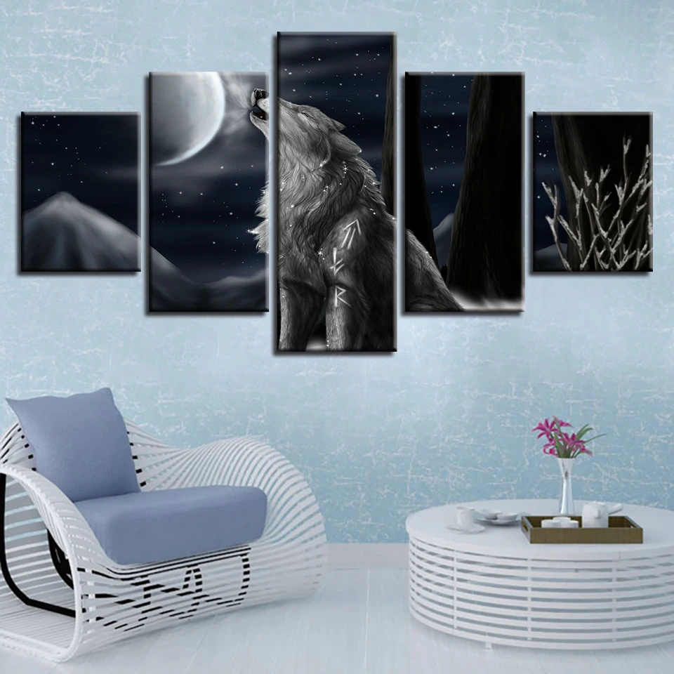Scenery Pictures Decor Home Room Wall Art 5 Pieces Animal Wolf Howl At Moon Night Painting HD Prints Frame Modular Canvas Poster | Дом и сад