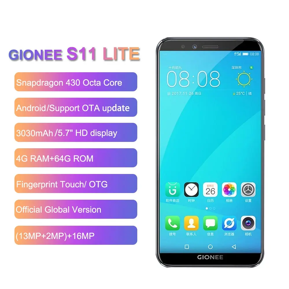 GIONEE S11 LITE смартфон с восьмиядерным процессором Snapdragon 430 ОЗУ 4 Гб ПЗУ 64 ГБ 13 МП + 2 5 7