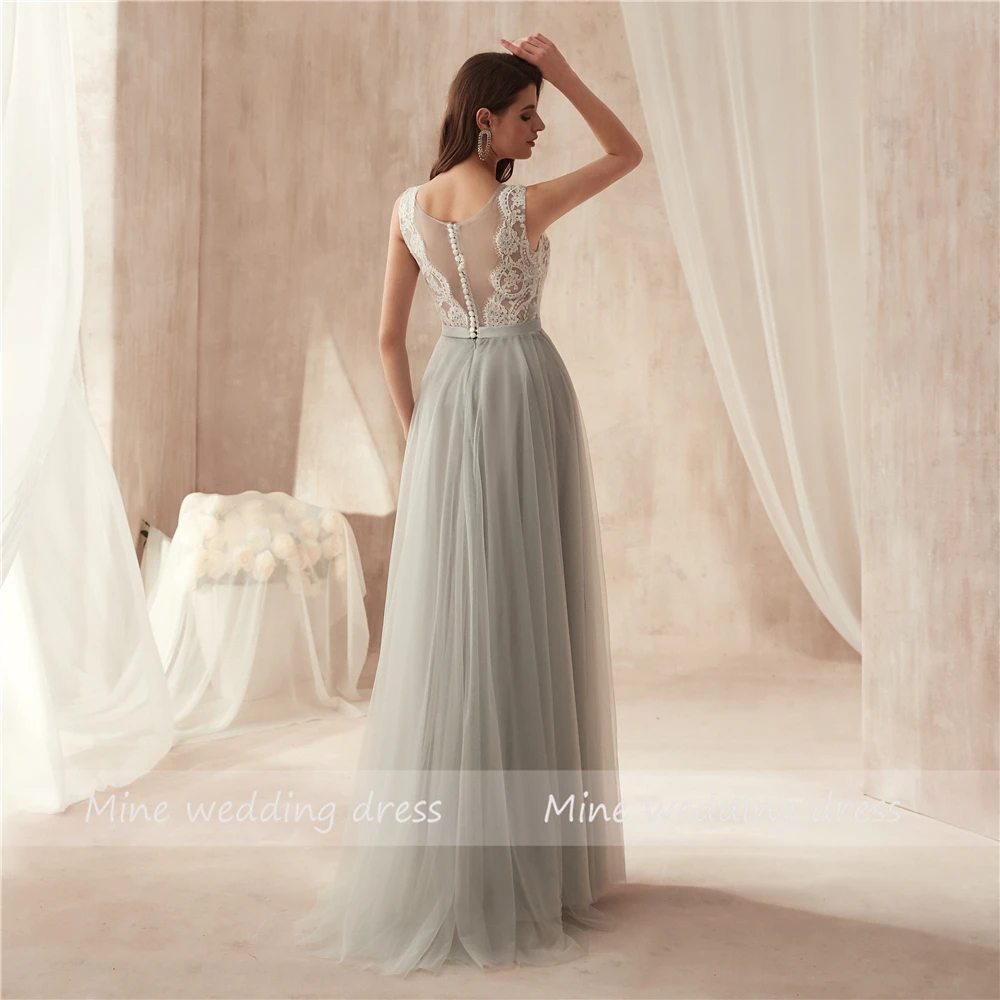 V-Neck Applique White lace top длина пола Soft Tulle вечернее платье с иллюзией кнопка назад длинное платье для выпускного вечера robe de soiree