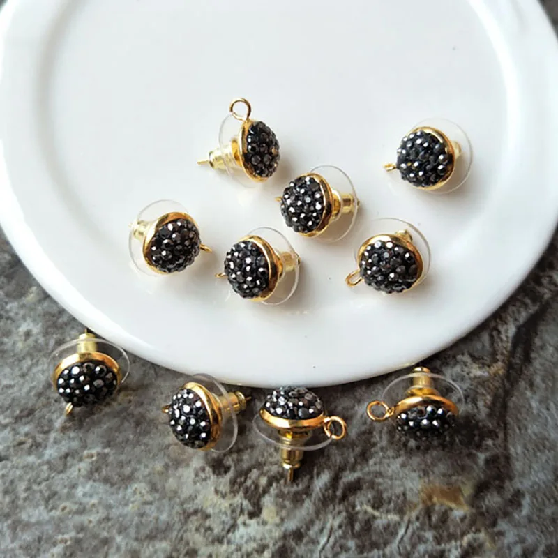 

10 Pairs/lot Cute Size 10mm Rhinestone Beads Round Shaped Metal Stud Earrings Gold Tone Studs Jewelry finding for Woman ER169
