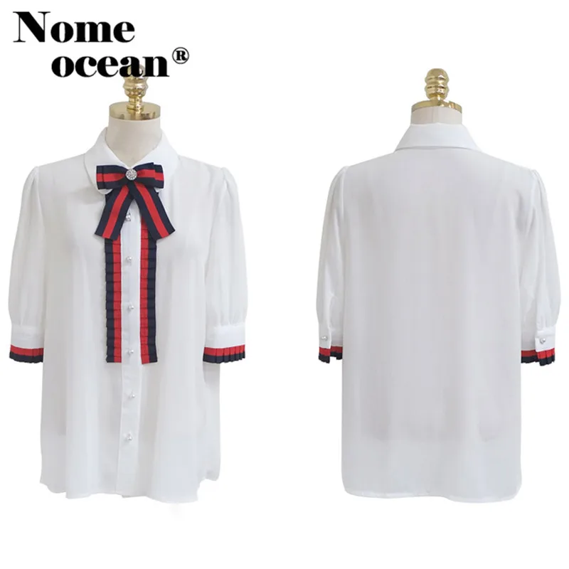 Плиссированные блузки в полоску с оборками и бантом расшитые стразами коротким