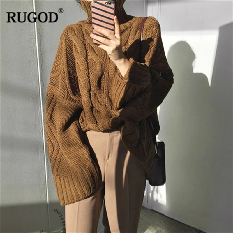 Женский свитер с высоким воротом RUGOD однотонный вязаный большого размера длинным