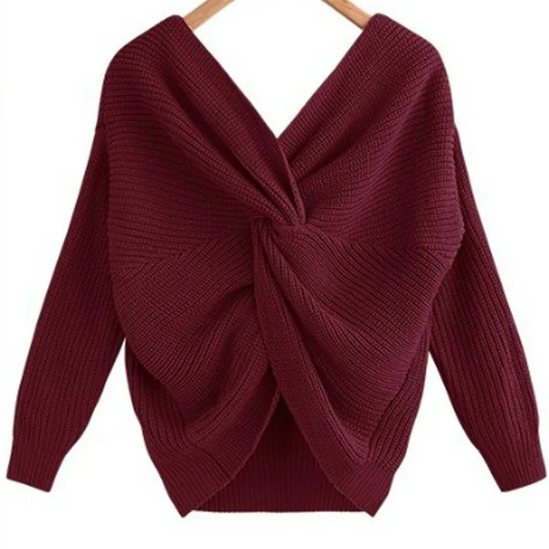 Fashion Solid Color V-neck Open Back Women's Sweater Irregular Cross Knotting Woman Winter 2019 Office Ladies | Женская одежда