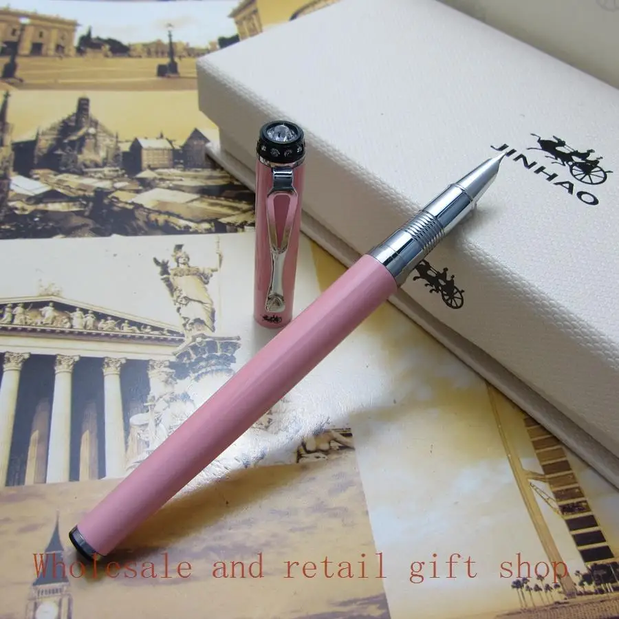 

Foreign trade Wholesale 0.38 Fine Fountain Pen Jinhao EF Finance pen Silver CliP Diamond pen top metal Gift pen New 12-color