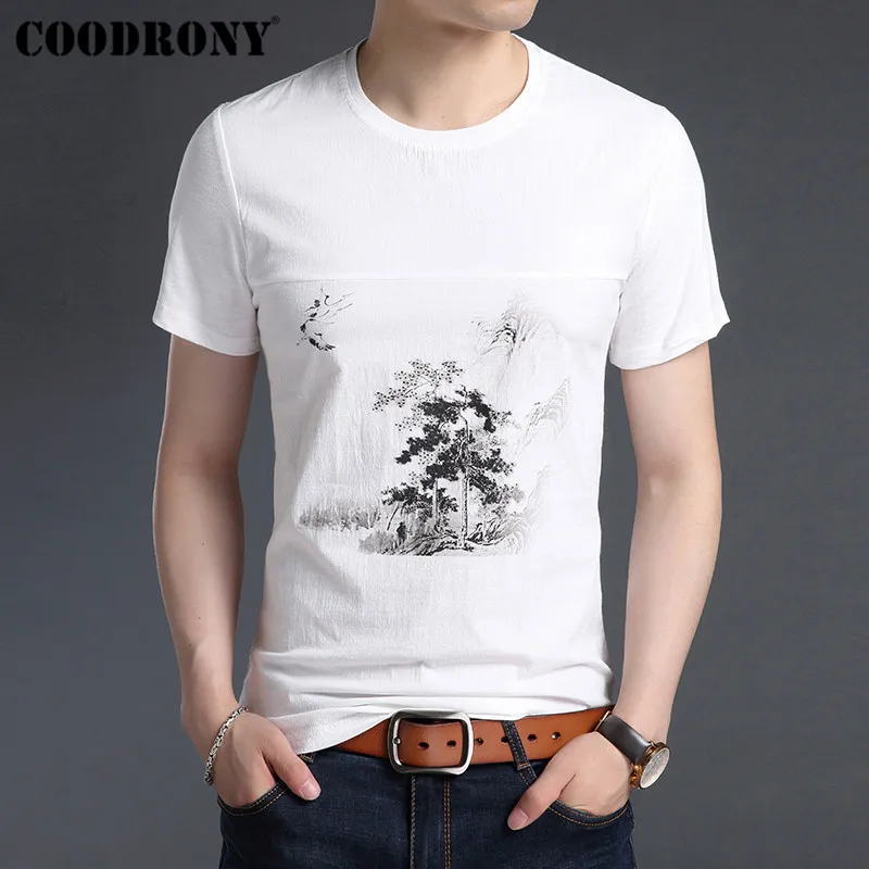 Мужская футболка COODRONY мягкая из хлопка и льна с коротким рукавом круглым вырезом