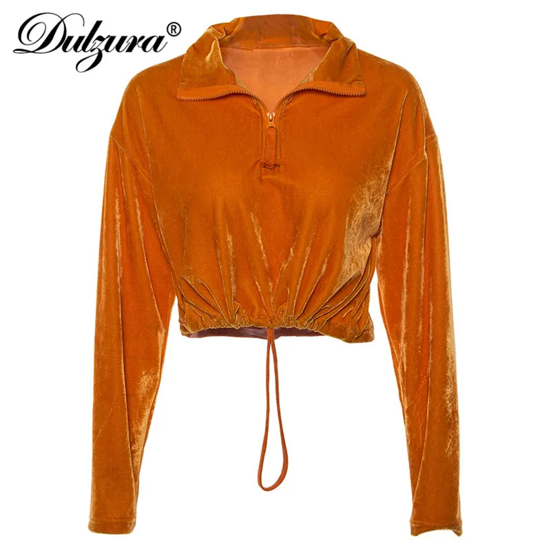 Dulzura sweatshirt women female zipper orange crop top loose hoodie style turtleneck long sleeve velvet 2018 autumn winter new | Женская
