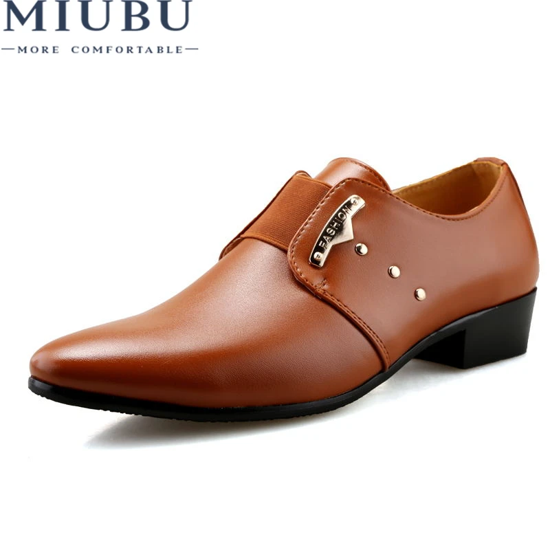 

MIUBU 2020 Men Formal Shoes Mens Slip-On Shoes PU Leather Brown Black Elastic Band Men Dress Shoes Office Party Wedding Shoes