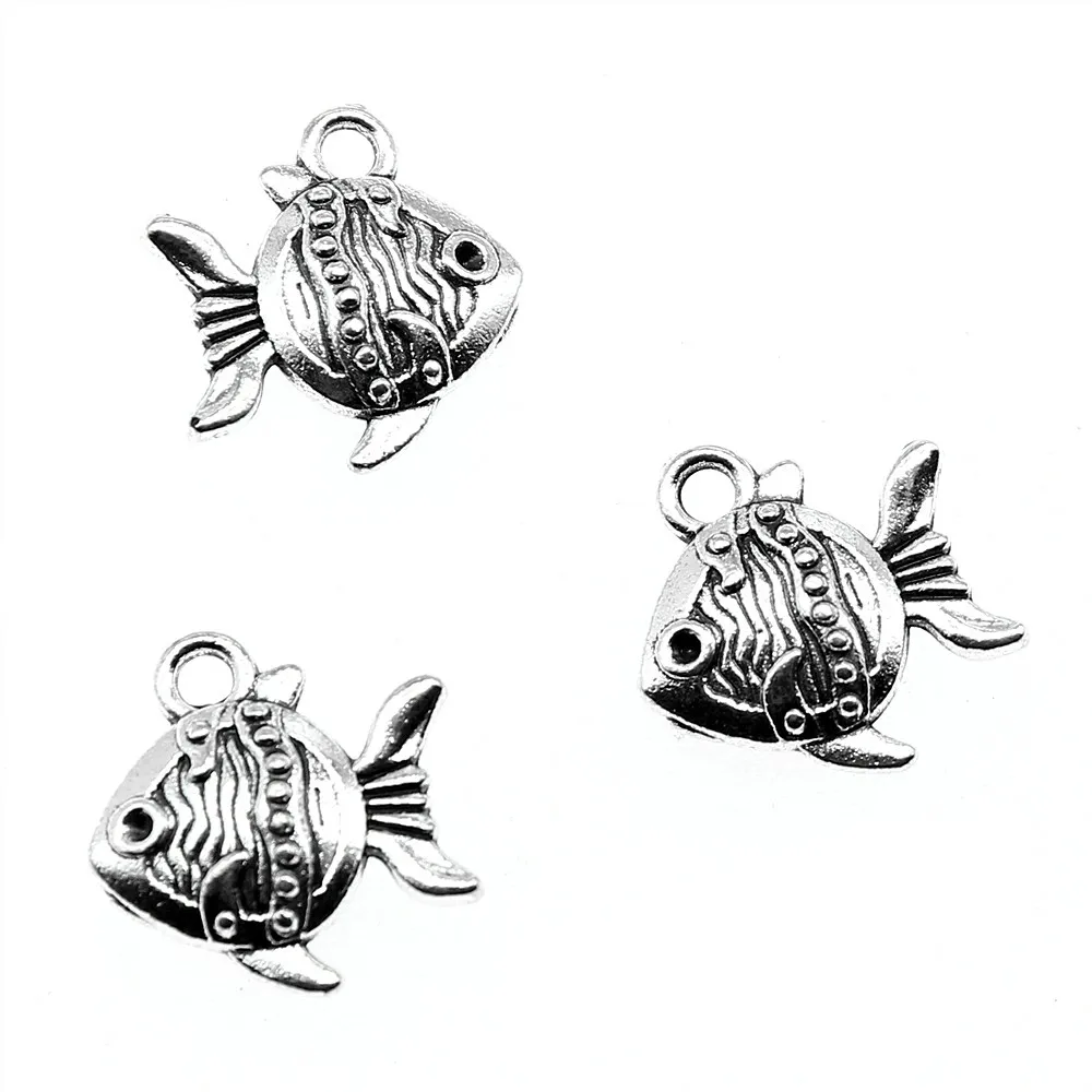 

WYSIWYG 10pcs 14x15mm Charms Double Sided Fish Goldfish Antique Pendant Fit Vintage Tibetan Silver Color DIY Handmade Jewelry