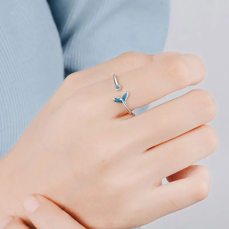2019 New Arrival 925 Sterling Silver Ring For Women Mermaid Fish Tail Fresh Blue Sea Crystal Rings Sweet Jewelry | Украшения и