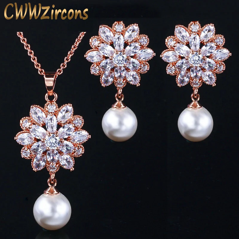 

CWWZircons 2020 New Arrival Gorgeous Cubic Zirconia Flower Earring Necklace Women Fashion Pearl Jewelry Set Rose Gold Color T279