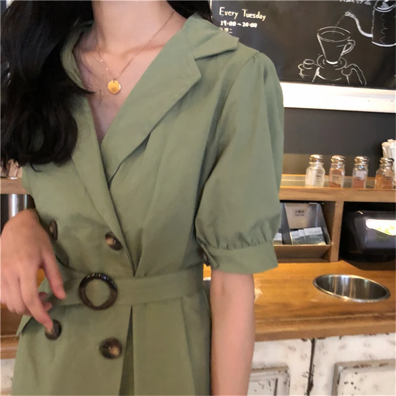 HziriP 2018 летнее женское платье пояса двубортный Vestidos Зубчатый воротник короткий