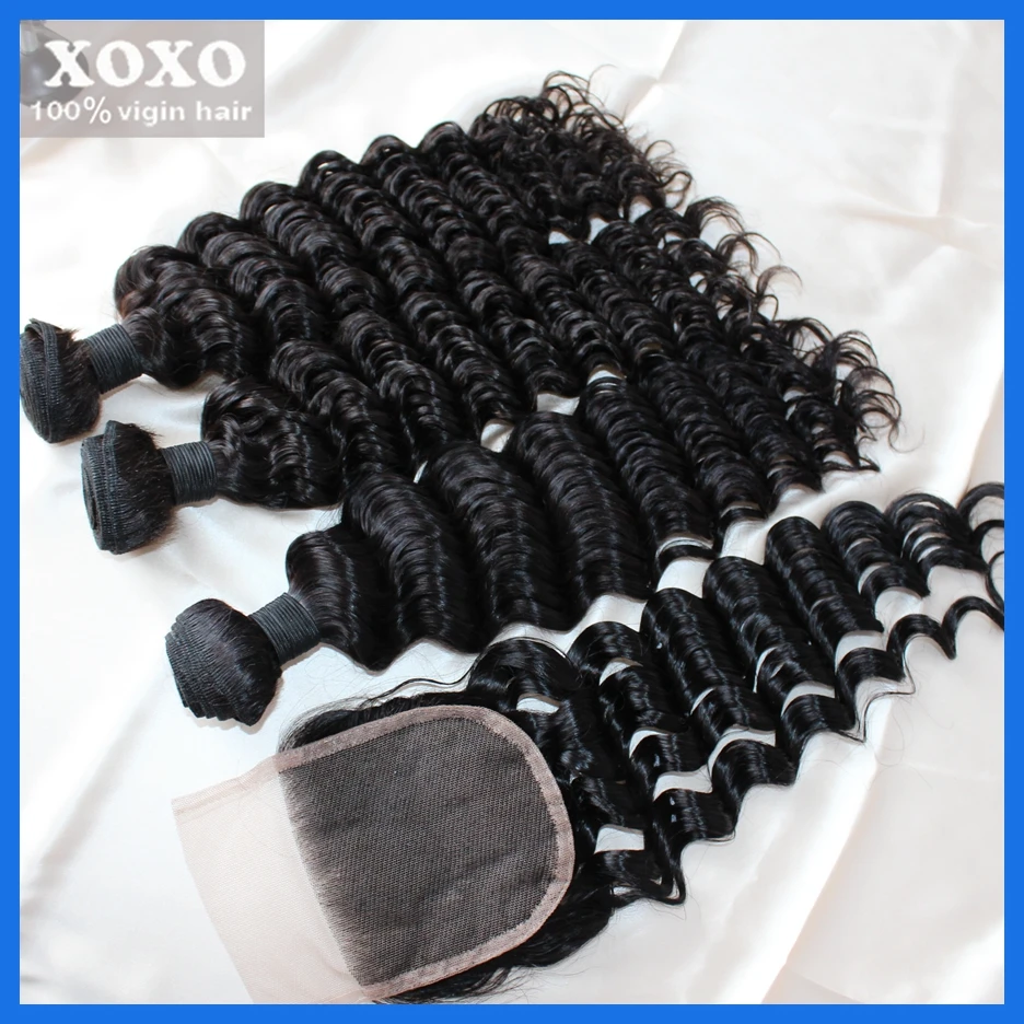 Малайзийские Девственные пучки Волосков глубокая волна с Закрытием