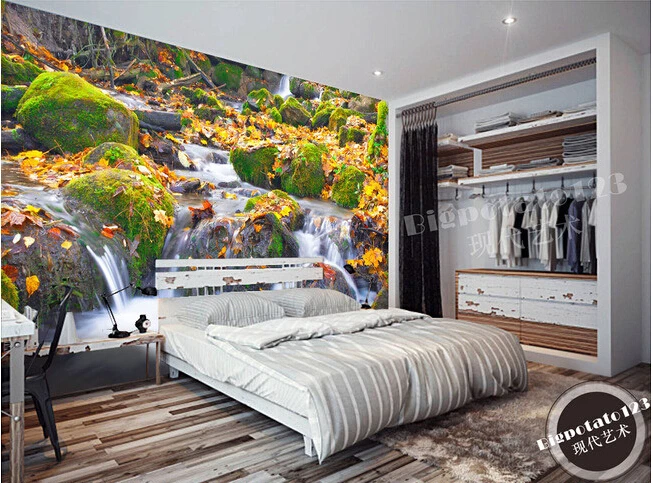 The latest 3D murals Moss stone deciduous streams and waterfalls landscape photography living room TV sofa bedroom wall paper |