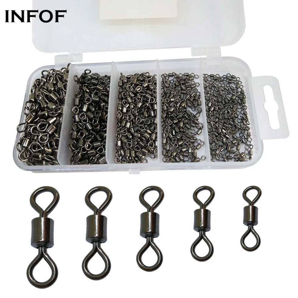 

INFOF 500-pieces Fishing Swivels Kit Rolling Swivel Stainless Steel 2#/4#/6#8#/10# Fishing Connector Hook Link Carp Fishing Equi