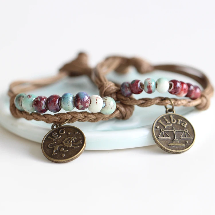 Hand-woven Fashion Bracelet &amp Bangles Ceramic Beads and Bronze Alloy Zodiac Constellation Charms Jewelry for Couple Lover Gift |