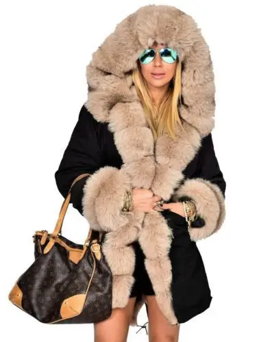 

2017 Winter Stylish Hooded Fur Collar Thick Loose Fashion Faux Fur Coat Solid Color Medium-long Warm Coat