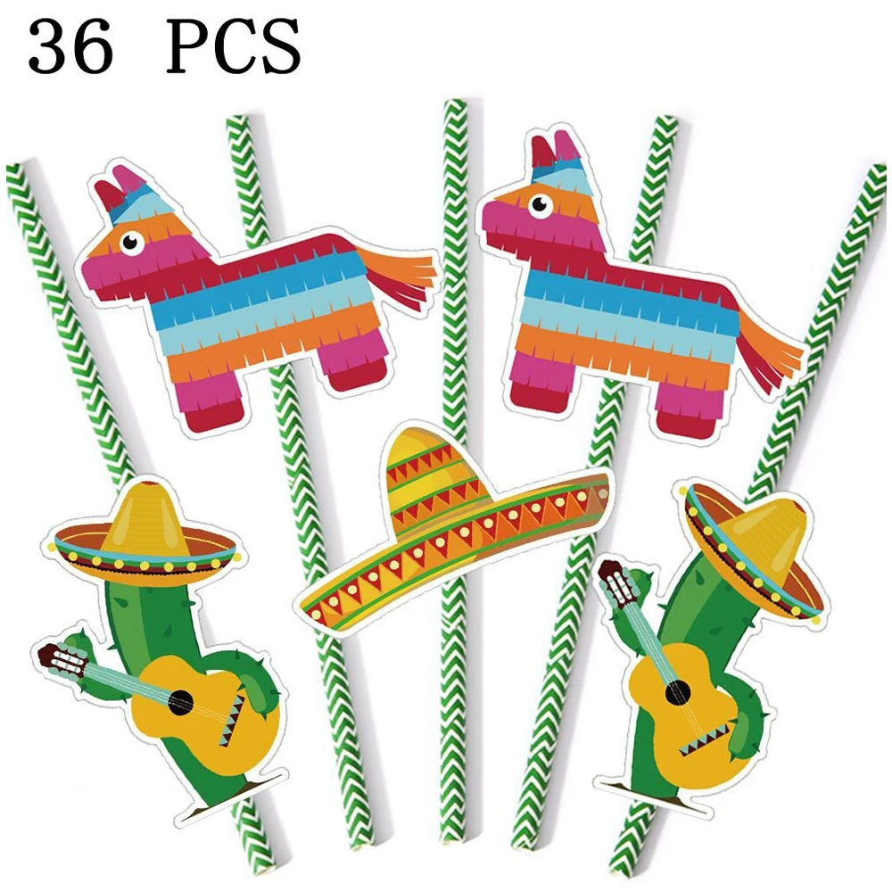 36 шт. вечерние соломинки мексиканские вечерние украшения Cinco de Mayo кактус сомбреро Pinata карты бумажные соломки для дней рождения вечерние принадлежности