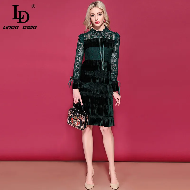 Женское винтажное платье LD LINDA DELLA кружевное бархатное с длинным рукавом и