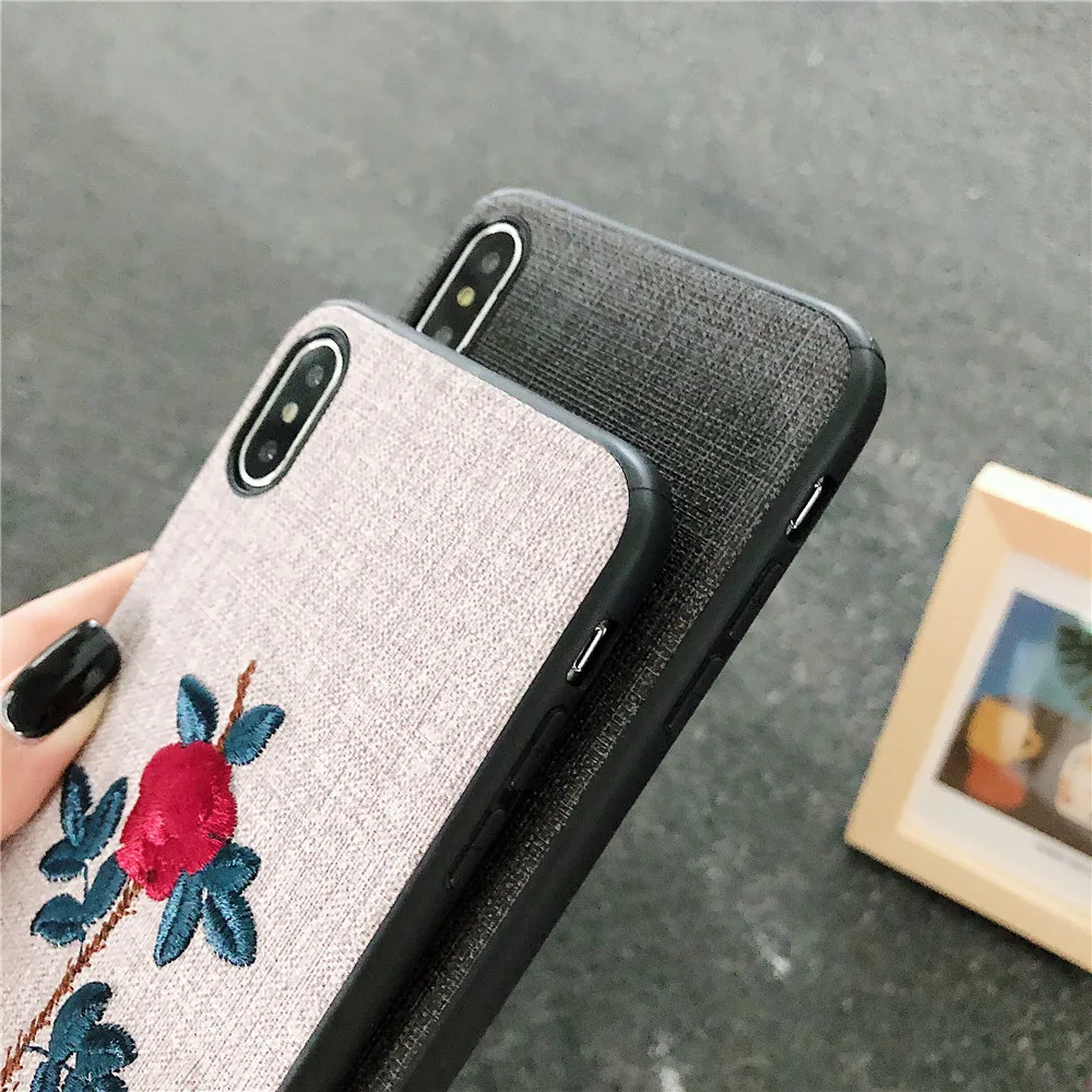 Embroider Rose Phone Case For Apple iPhone 7 Plus Vintage Flora Cases 6 6s 8 X XS MAX XR High Quality Soft Cover |