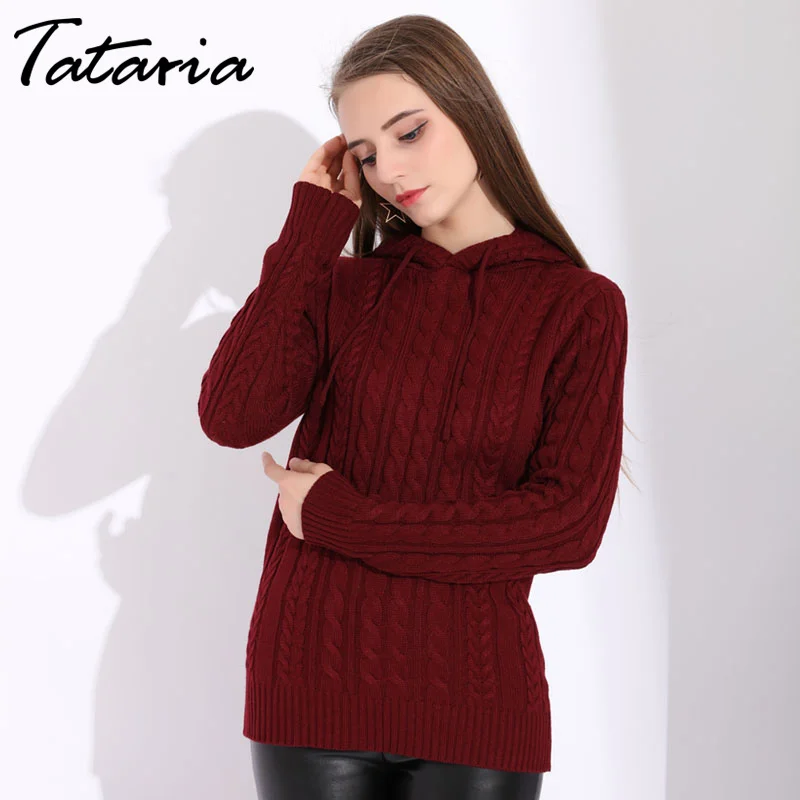 Зимний вязаный свитер с капюшоном для женщин длинным рукавом Женский