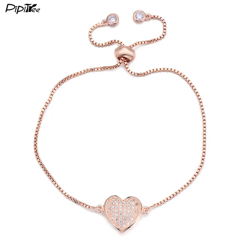 Pipitree класса люкс CZ хрустальное сердце браслет с подвесками Love ювелирных изделий из серебра Цвет Медь слайдер цепи Парные браслеты, свадебные украшения - Окраска металла: rose gold