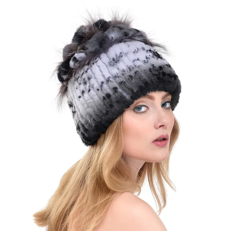 

QAZXSW Winter Hat For Women Rex Rabbit Fur Knitted Capes beanies With Fox Fur Flowers Fashion Ladies Warm Casual Capes LJ4305