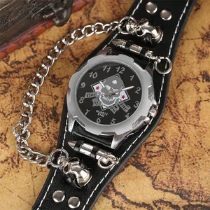 Часы мужские в стиле стимпанк, кварцевые наручные в стиле стимпанк с черным черепом, с кожаным ремешком