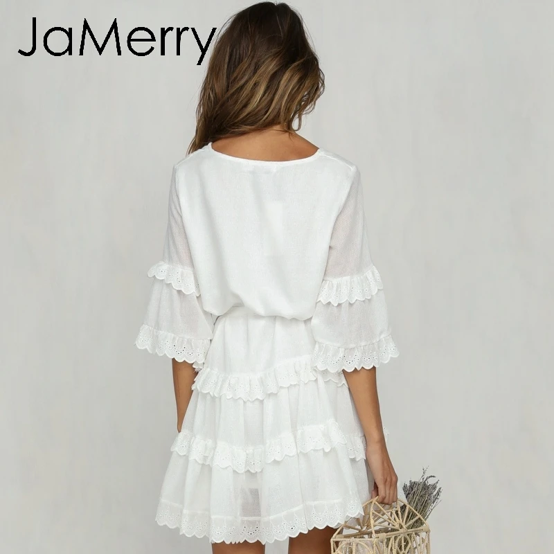 JaMerry, винтажное, с оборками, с вышивкой, белое, кружевное платье, для женщин, с расклешенными рукавами, с поясом, летнее, мини платье для отдыха на пляже, сексуальные короткие платья