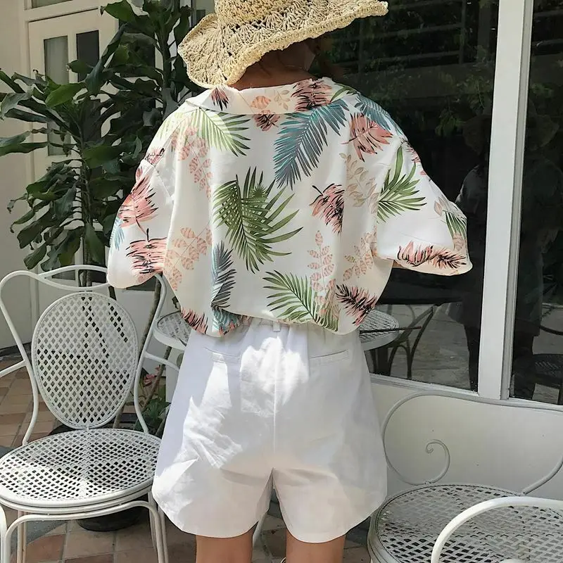 

Women Blouses 2019 Summer Casual Loose Half Sleeve Blouse Leaf Printed Tops Lapel Shirts Blusas Femininas