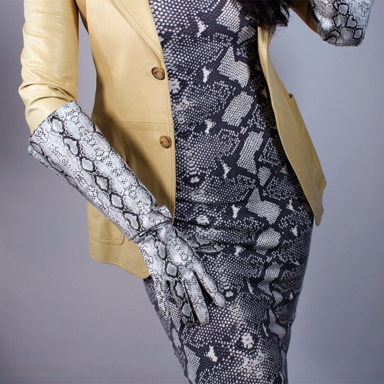

Women's faux pu leather wide sleeve long gloves female patent sliver snake skin print leather gloves 50cm R1225