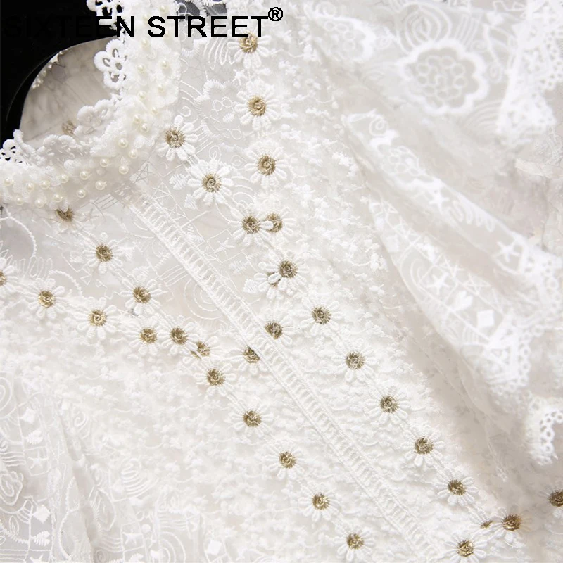 

White lace vintage mini dress woman stand neck short sleeve hollow out elegant party short dress New spring summer sexy vestido