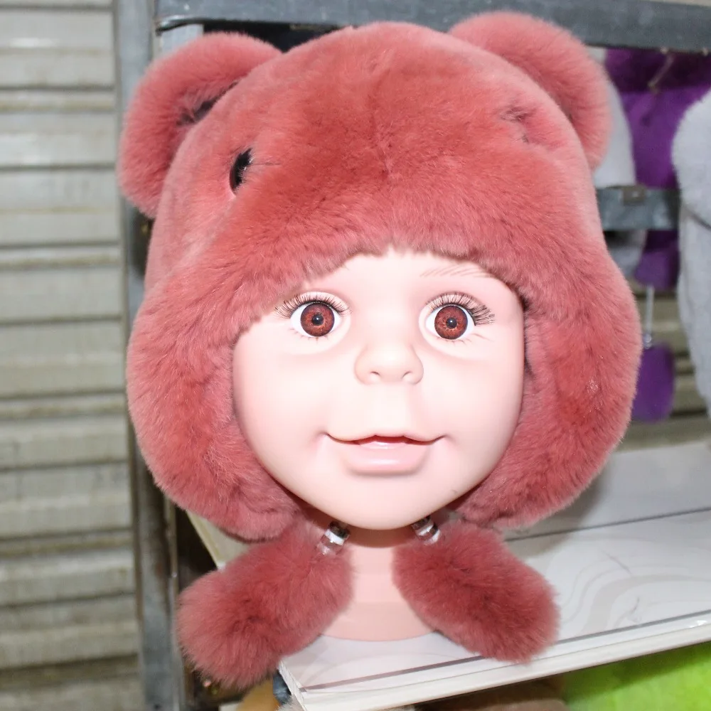 Linhaoshengyue  Natural Rex  Rabbit Skin Cap For Baby  Little Bear  Lovely and Warm