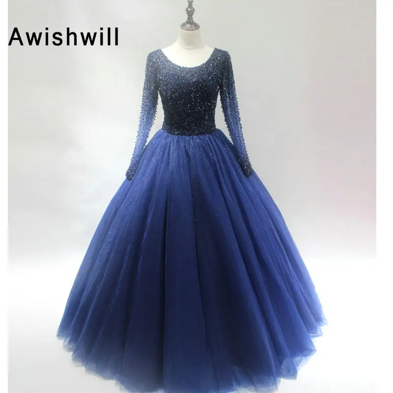 

Real Picture Navy Blue Long Sleeve Formal Dress 2020 Beading Tulle Lace-up Back Ball Gown Gala Prom Dress Vestido de Festa Longo