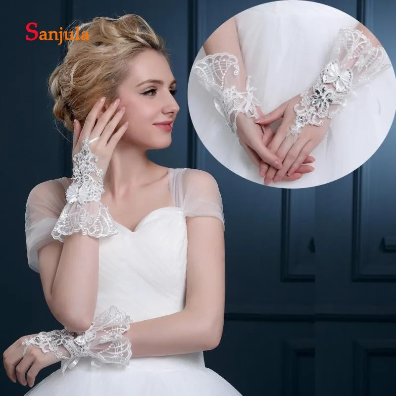 Длина запястья короткие кружевные перчатки для невесты без пальцев с кольцами