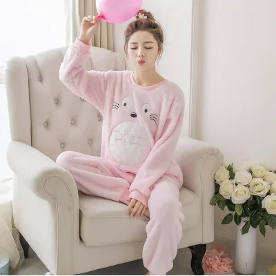 Женские пижамные комплекты с круглым вырезом, с принтом, с длинным рукавом, Kawaii, простые пижамы для женщин, Корейская зима, мультяшная Милая Домашняя одежда, Модный шик - Цвет: 4