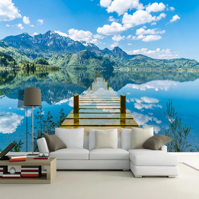 

3D Wallpaper Nature Scenery Blue Sky Wooden Bridge Lake Photo Wall Mural Living Room TV Sofa Backdrop Wall Papers For Walls 3 D