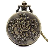 elegant retro bronze bloom flowers women quartz pocket watches pendant for ladies vintage fob necklace chain clock best gifts