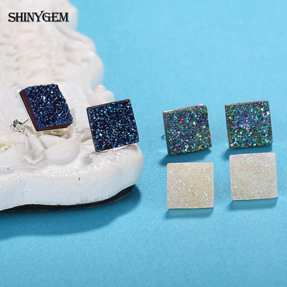 ShinyGem 10 мм маленькие квадратные серьги с кристаллом Sparking Druzy из натурального камня