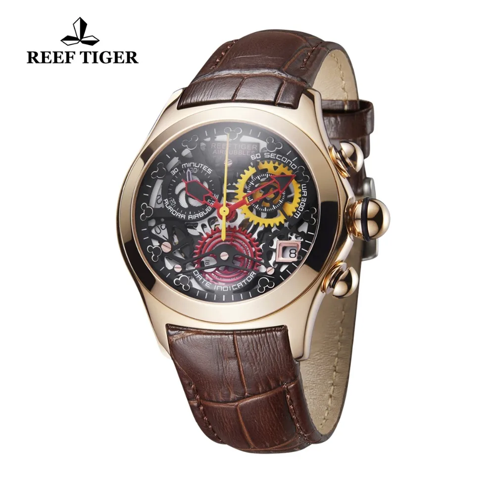 Reef Tiger модные мужские часы Swiss Ronda Move Мужские t Скелет водонепроницаемые кварцевые часы Роскошные розовое золото спортивные Relogio Masculino